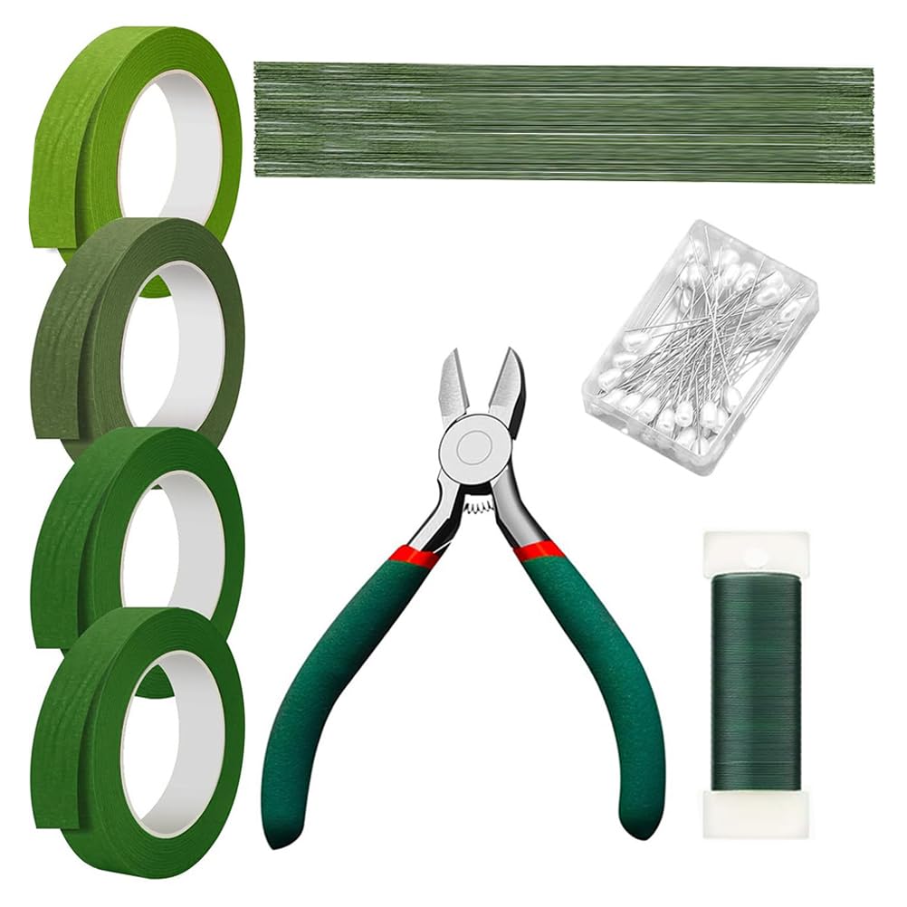 jojofuny 1 Set Floral Arrangement Tools: Bouquet Making Green Flower Tape Flower Stem & Pin Paddle Wire with Wire Cutter for Bouquet Wrapping DIY Crafts