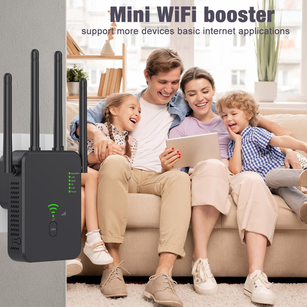 Wzmacniacz Wi-Fi, wzmacniacz sygnału WiFi, wzmacniacz sygnału WiFi, 2,4 GHz + 5 GHz WiFi Booster z repeaterem, kompatybilny ze wszystkimi routerami z 1 portem WAN, 1 portem LAN, obsługa WPS