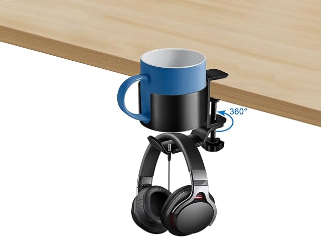Desk Cup Holder, Meekakee 2 in 1 Desk Cup Holder with Headphone Hanger, Anti-Spill Cup Holder for Desk or Table, Easy to Install, Sturdy and Durable, Enough to Hold Coffee Mups