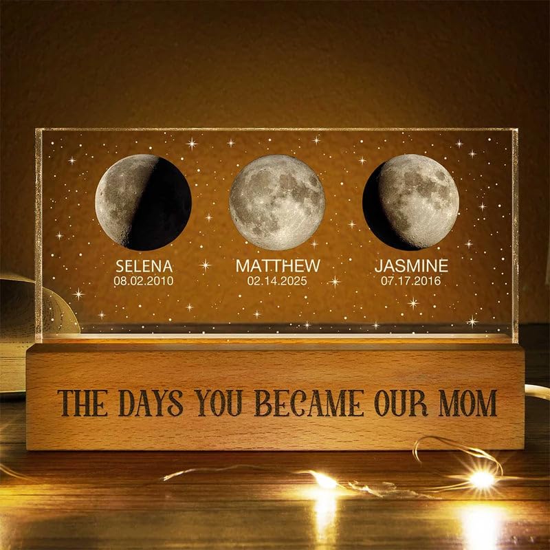 WANDER PRINTS Personalized Rectangle LED Light - Mothers Day Mom Keepsake Custom Moon Phase Night Light Family Birth Date Display Meaningful Memory Decor - Moon Phase The Day You Became My Mom
