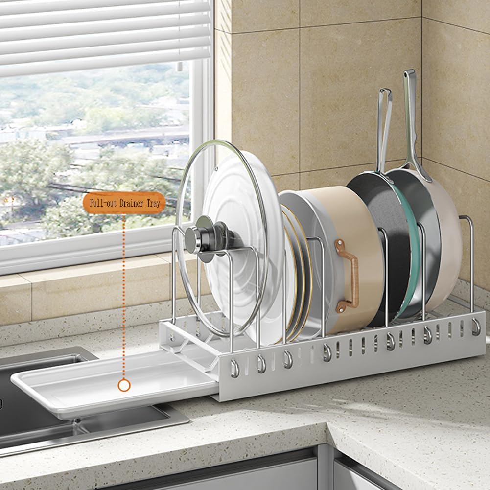 Pot Rack Pull Out Pots and Pans Organizer Under Cabinet Pot Lid Holder with 7 Adjustable Dividers Sliding Out Pan Storage Rack for Kitchen Cabinet Pantry Organization