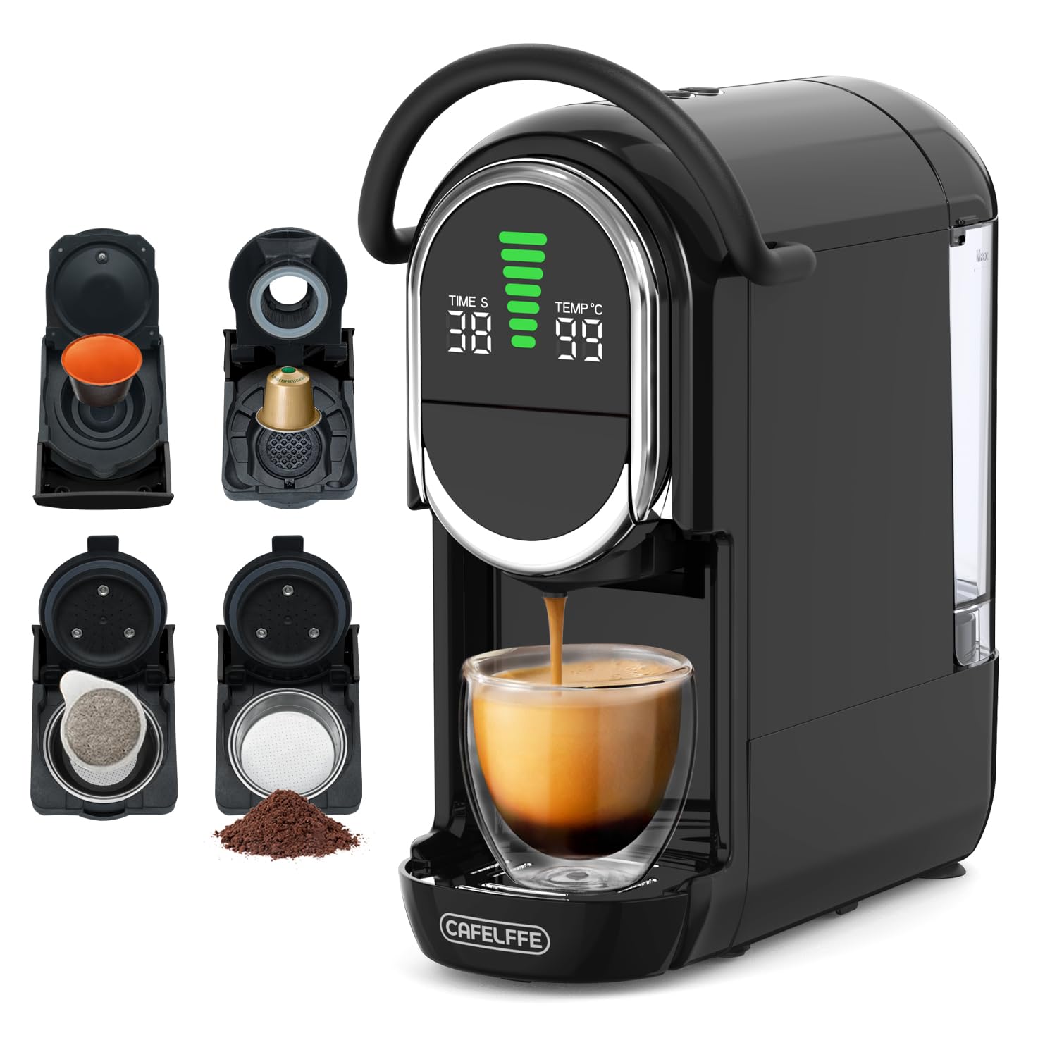CAFELFFE Automatyczny ekspres do kawy na saszetki, 4 w 1, z regulacją temperatury i 7 wstępnie ustawionymi czasami parzenia, 19-bar ekspres do kawy NES/DG/ESE/mielonej kawy, czarny