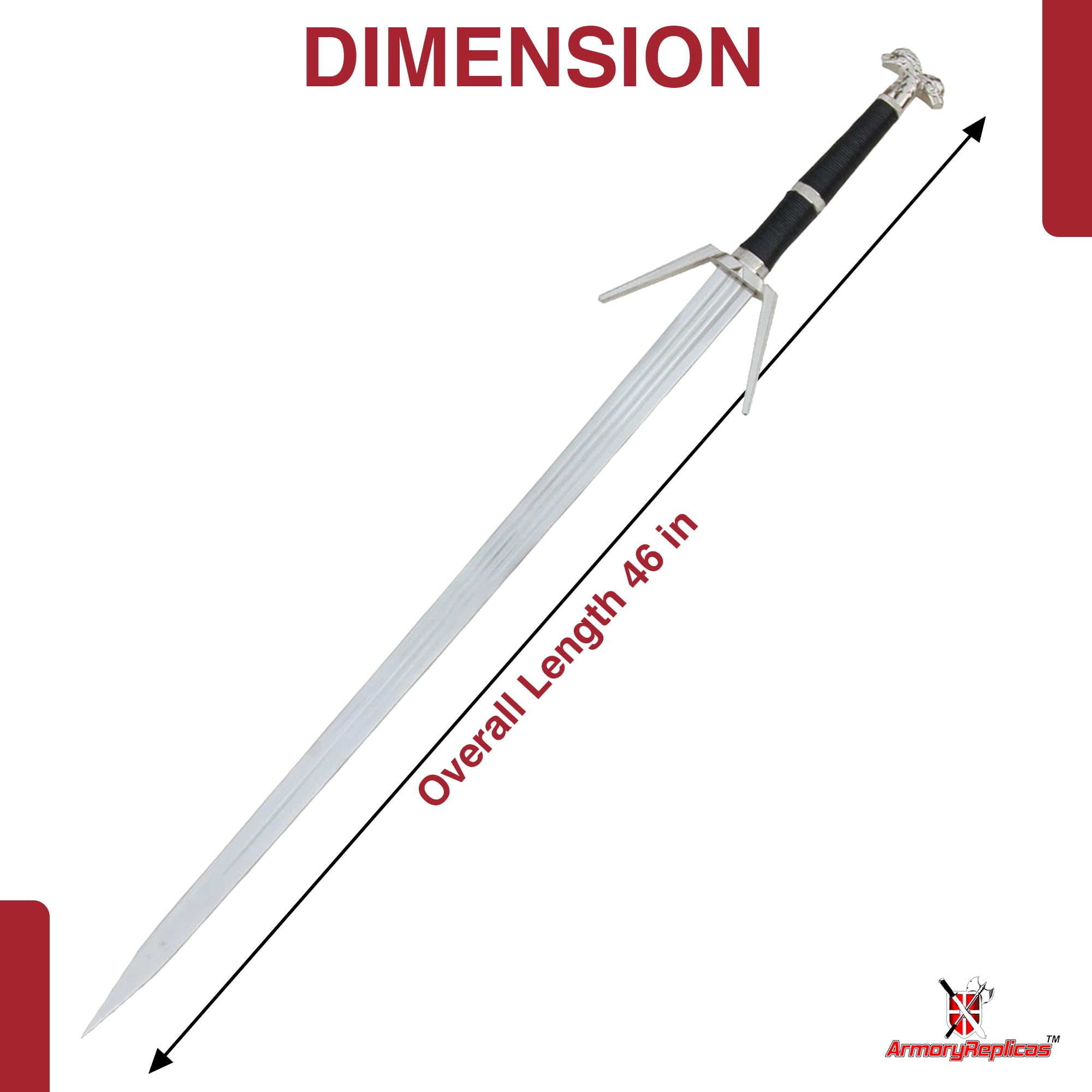 Armory Replicas™ Geralt of Rivia Silver Sword Replica | 45.75” Overall Length | Dual-Edged Blade | Detailed Wolf Pommel & Zinc Accents | Includes Wooden Scabbard with Back Strap