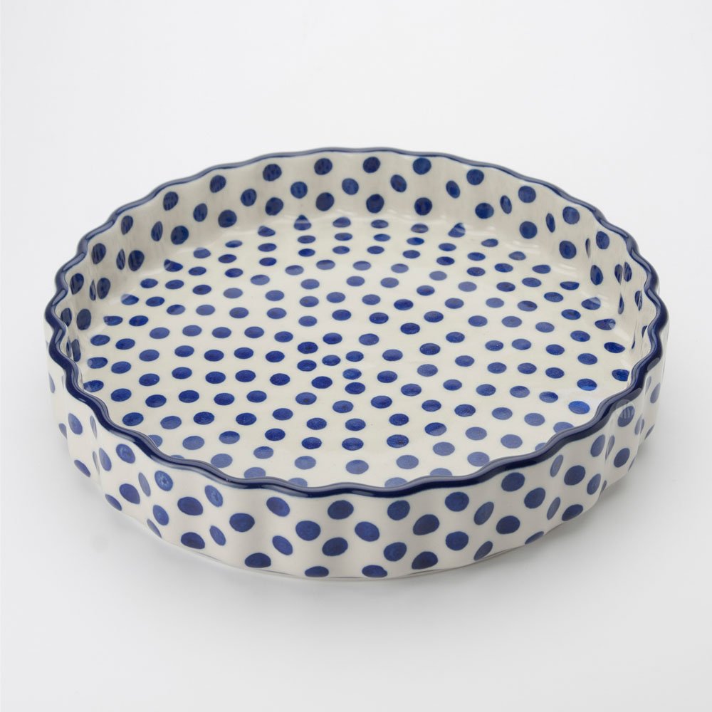Polish Pottery 24cm Round Fluted Quiche & Flan Dish - Small Blue Dot