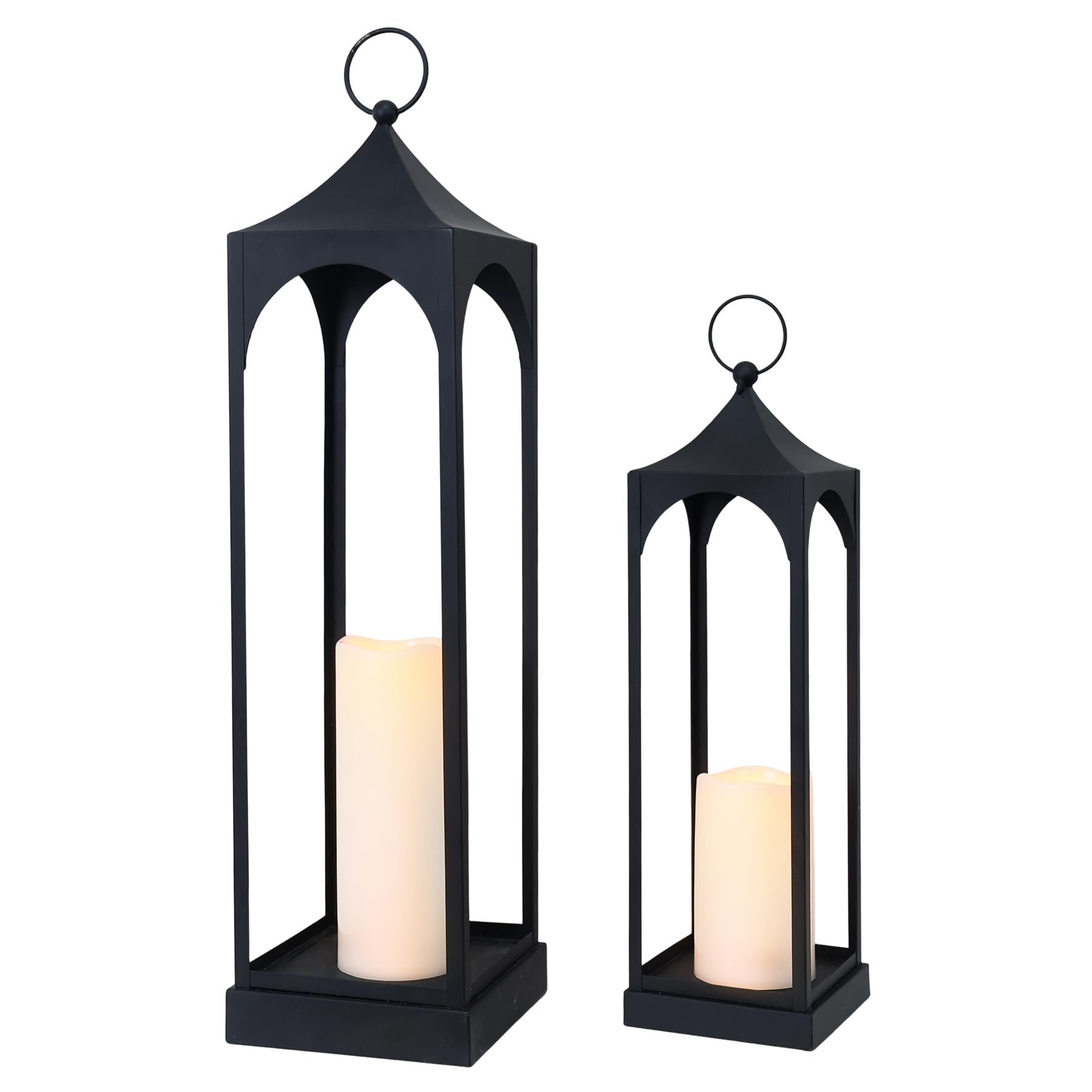 DECORKEY LED Lanterns Decorative Outdoor&Indoor, 23'' 16‘’ Large Black Lanterns Set with 2 Flameless Candles, Metal Holders for Porch, Patio, Garden, Home, Fireplace, Spring Decorations Decor