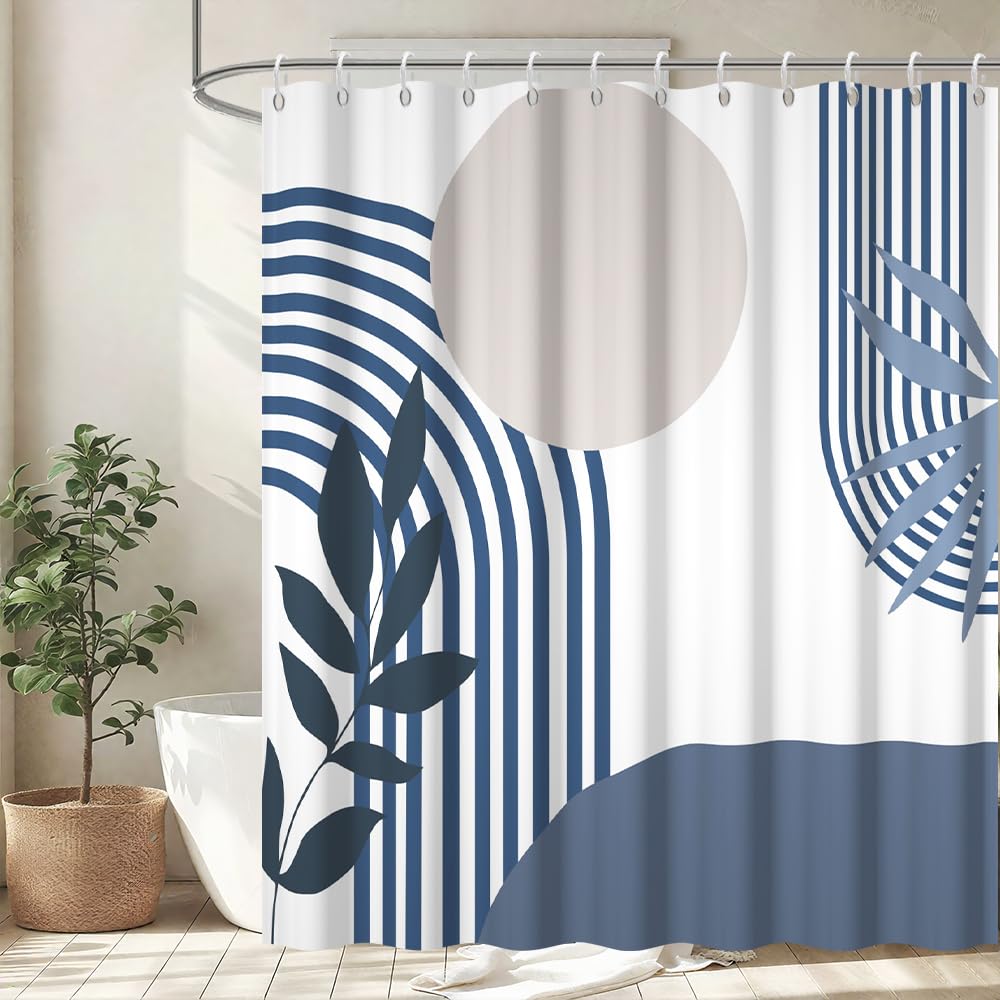 Tenda Doccia Antimuffa, Tenda da Doccia 180x200cm Boho Chic Blu Navy Astratta Grigio Sole Blu Scuro Foglie Tende da Bagno Tessuto Lavabile Impermeabile Tende per Vasca da Bagno con 12 Anelli