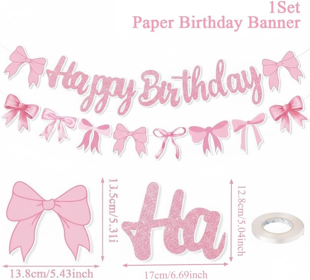 Pink Bow Happy Birthday Banner Garland Glitter Pink Bow Theme Party Backdrop Decor, Baby Shower Coquette Birthday Party Decorations Supplies