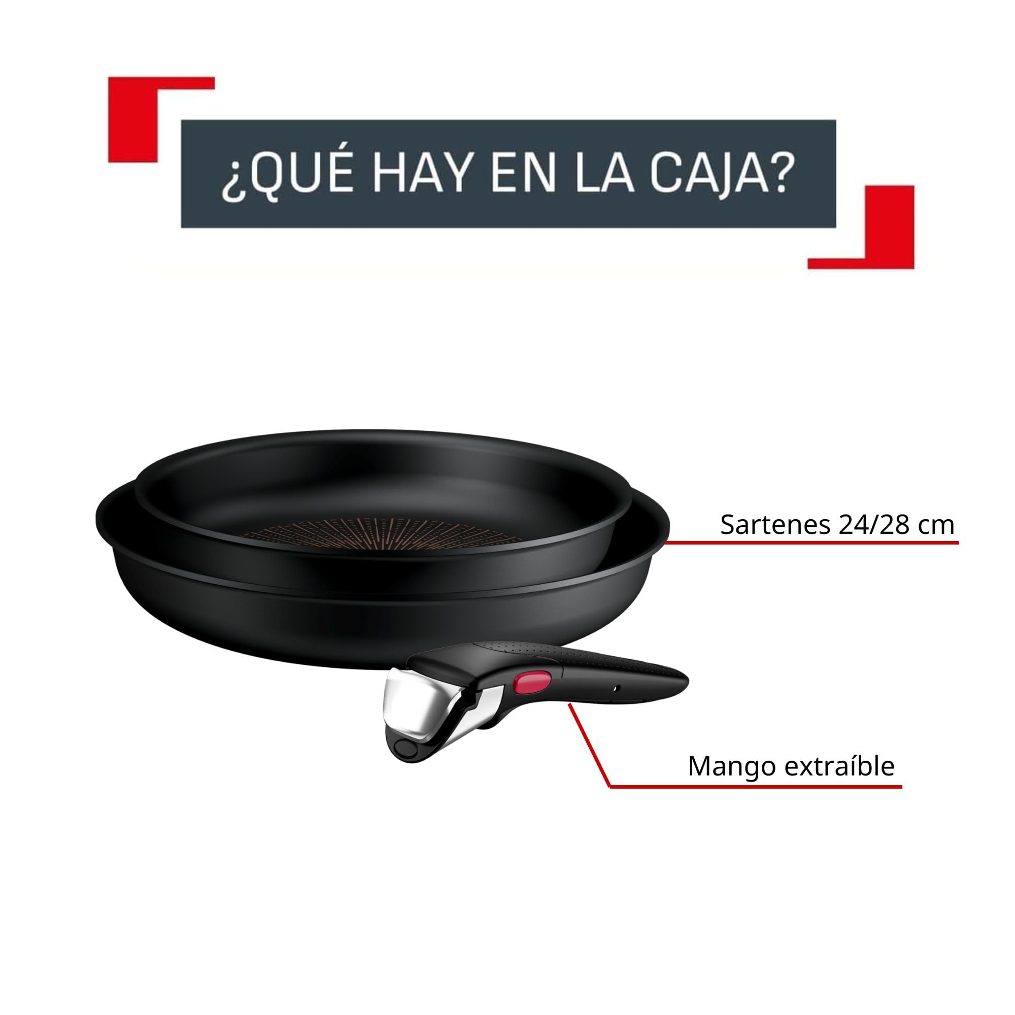 Tefal Ingenio Explore - Juego de 2 Sartenes 24/28 cm + Mango, Antiadherente, Apto inducción, Apilable, Aluminio, Thermo-Signal, Apto horno