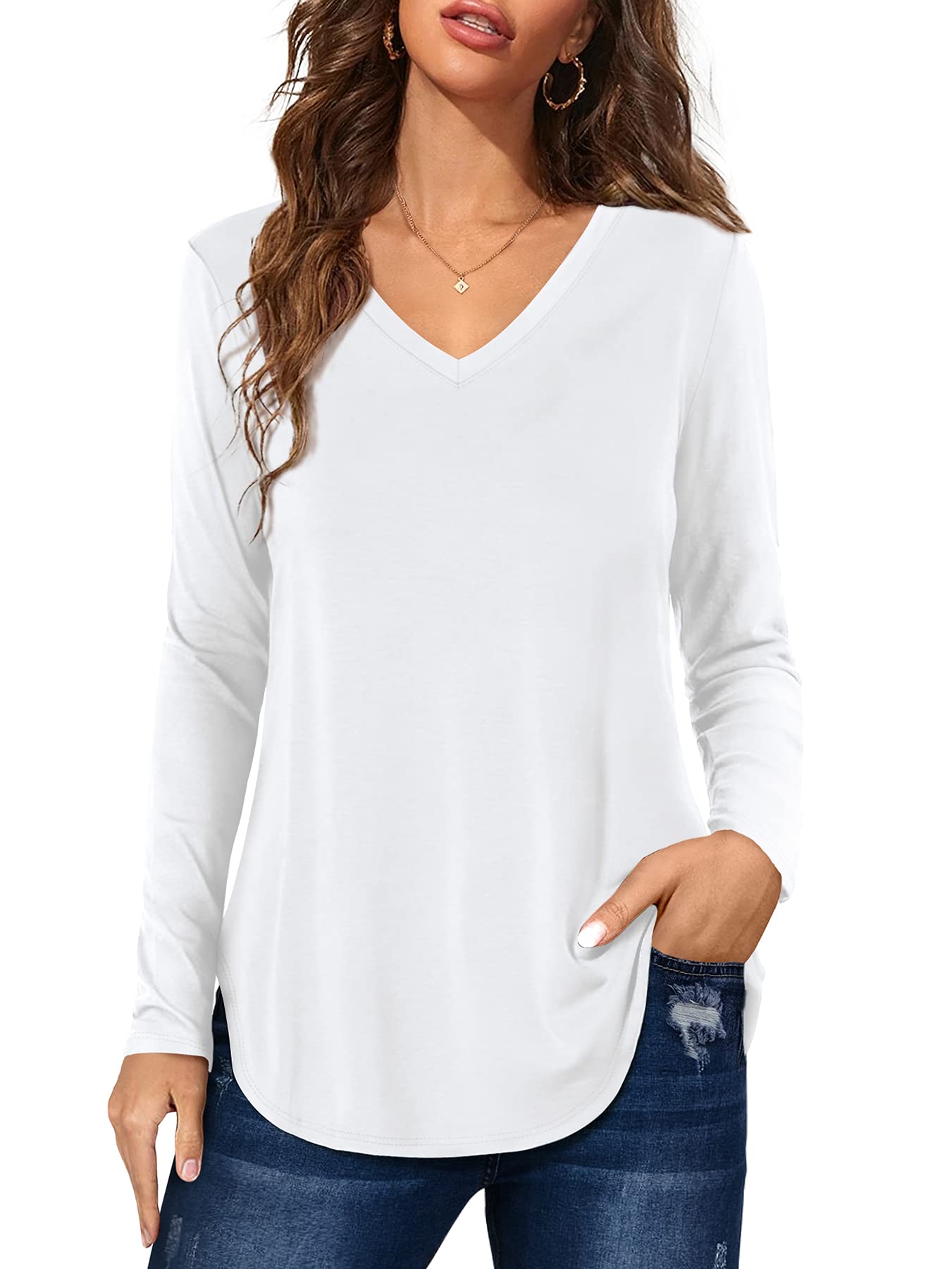 Florboom Tunika Damen Langarm/Kurzarm V Ausschnitt Oberteil Shirts Basic Casual Longshirt