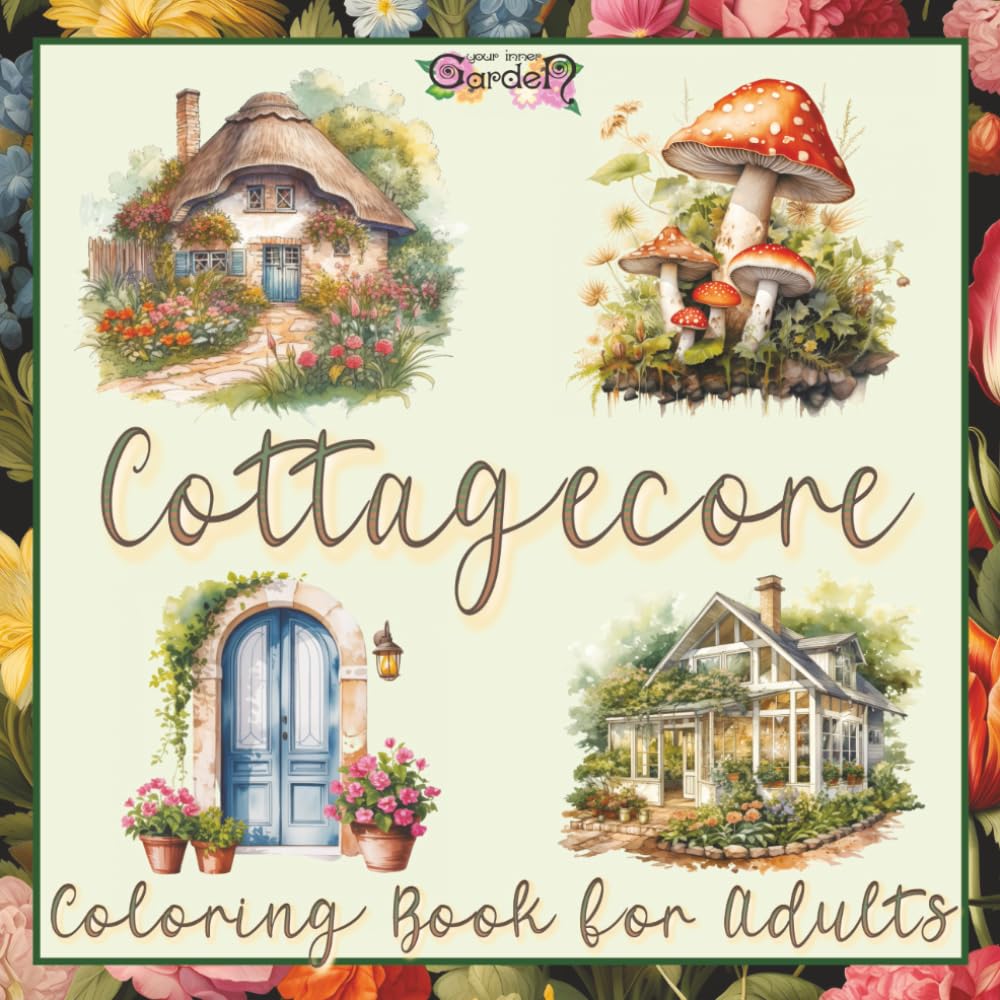 Cottagecore Coloring Book for Adults: 45 Detailed and Elegant Illustrations with Greyscale • Rustic Cottage Exteriors, Flower Gardens & Mushrooms, ... • Stress Relief, Mindfulness and Relaxation