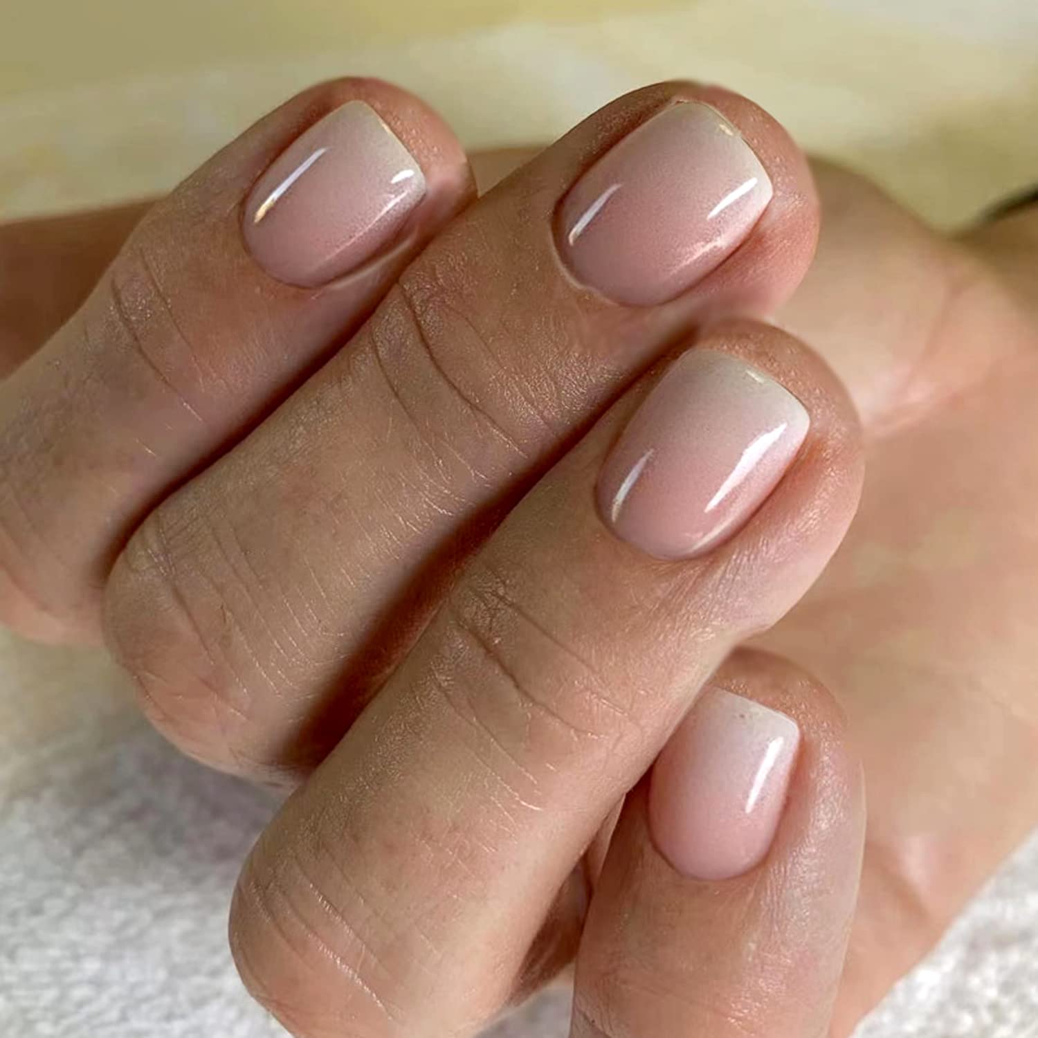 Press on Nails Short Square Fake Nails White Nude Gradient False Nails Glossy Full Cover Glue on Nails Coffin Acrylic Artificial Nails for Women Stick