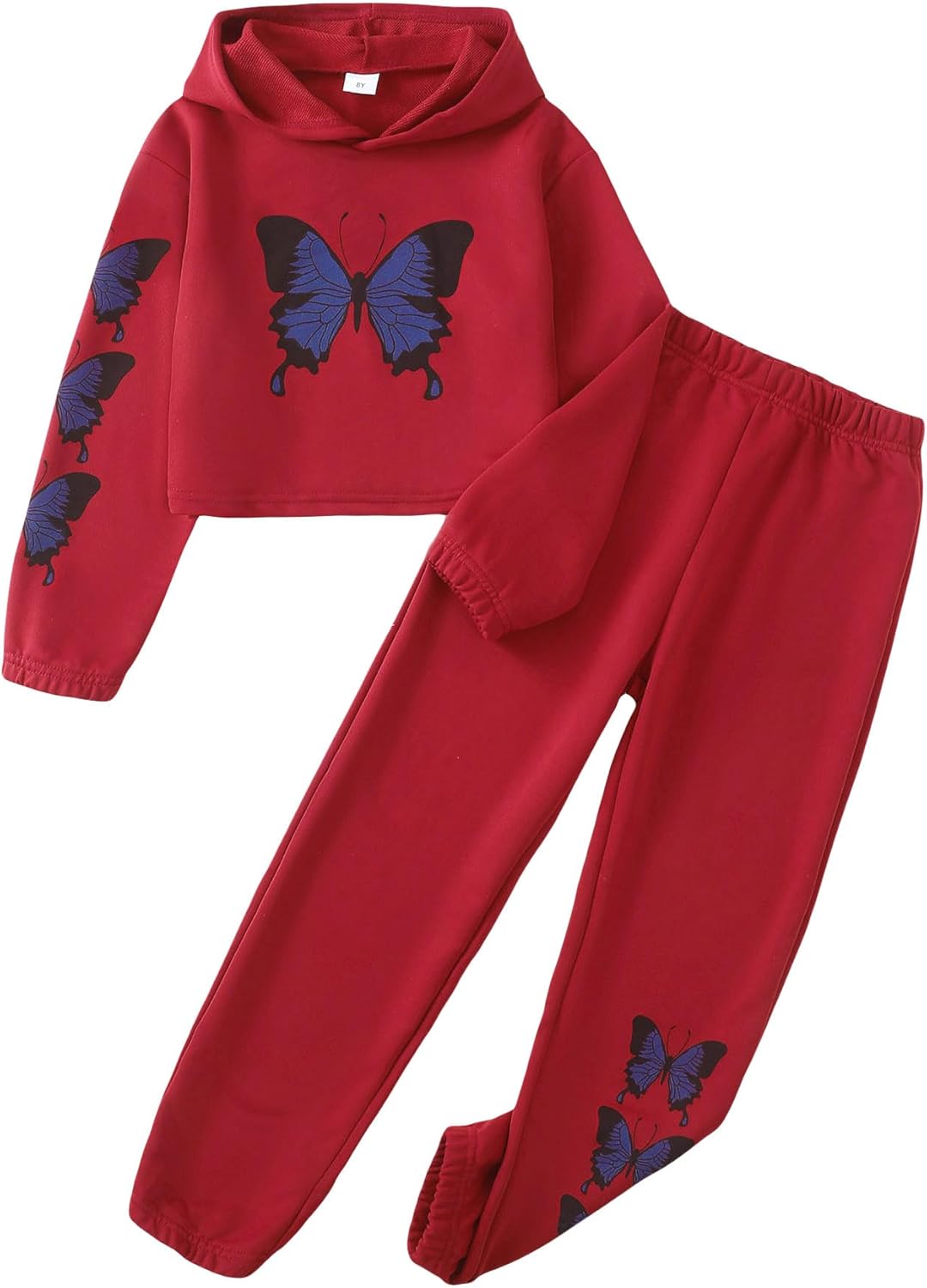 YOURUIKEY Girls' Clothing Set Butterfly Print Crop Top Hoodies Sweatpants 2 Piece Outfits Kids Sweatsuit Tracksuit Jogger Set