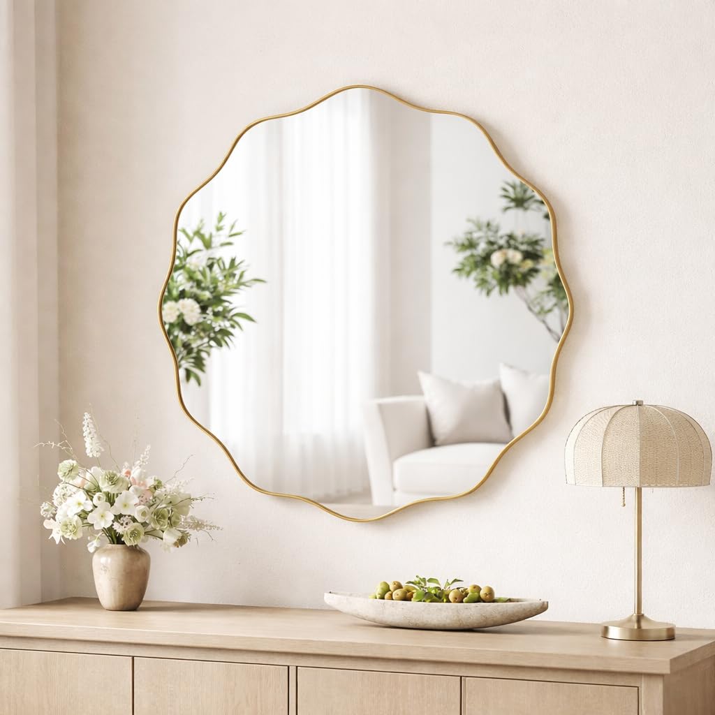 18" Gold Scalloped Wavy Round Mirror – Tempered Glass with Textured Deep Metal Frame, Stylish Wall & Leaning Mirror for Bathroom, Hallway, Entryway, Living Room-image-43
