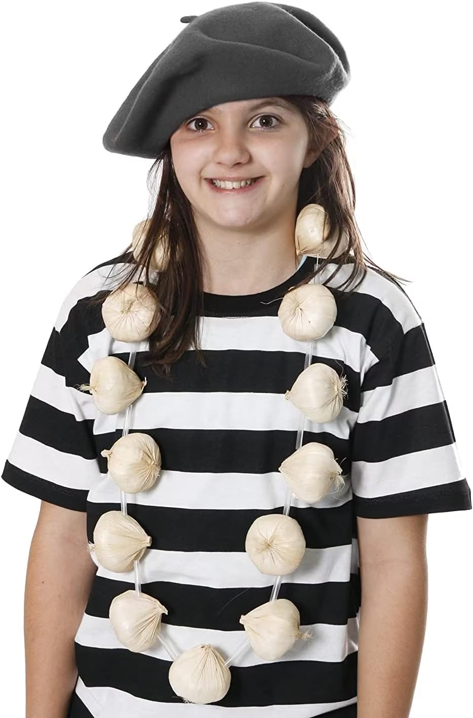 Black And White Striped T-Shirt + Grey Beret + Garlic/Onions Garland Set Necklace French Or Vampire Slayer Fancy Dress Bastille Day (X-Large)