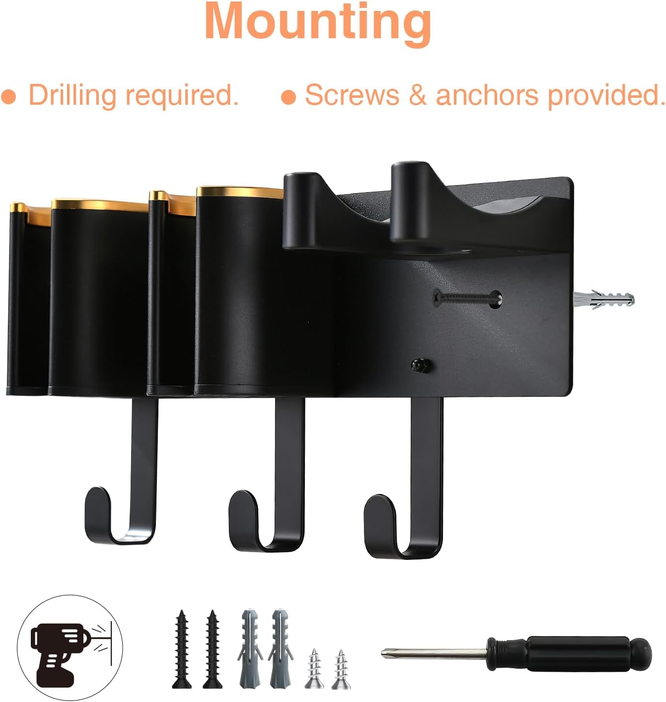 Hair Tool Organizer Wall Mount, Hair Dryer Curling iron Organizer, Flat Iron Straightener Holder, Aluminum Alloy & ABS plastic, Black and Gold (Not Including Hair Tools)