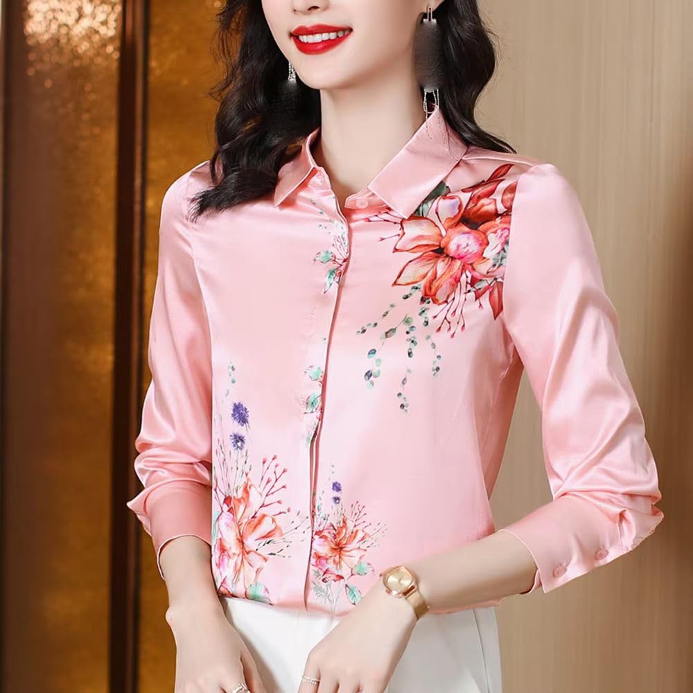 JYHBHMZG Chemisier vintage à manches longues en satin de soie avec imprimé floral pour femme