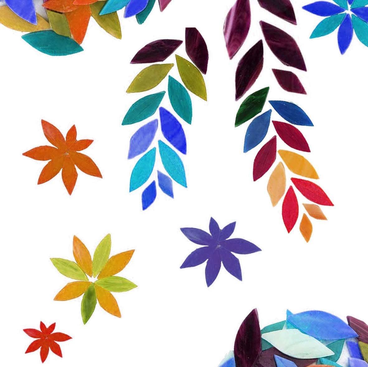 100 Pieces Petal Mosaic Tiles, Mixed Color Mosaic Glass Pieces, Hand-Cut Stained Glass Flower Leaves Tiles for Crafts Colorful Stained Glass Pieces Mosaic Projects Supply, Assorted Size&Colors