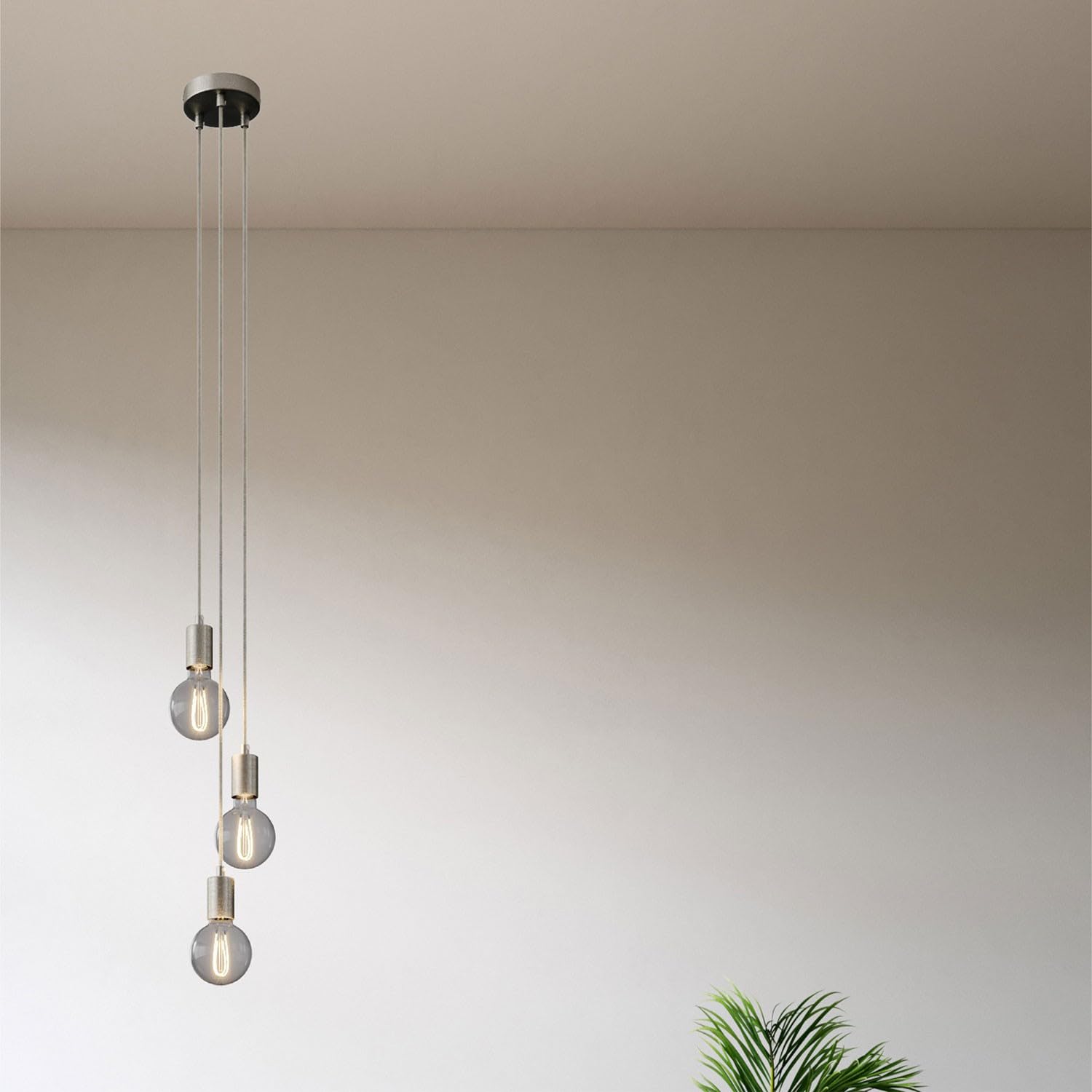 creative cables - Lampada a Sospensione Multipla a 3 Cadute Completa di Cavo Tessile e Finiture in Metallo - Montato, Senza Lampadina, Titanio Satinato