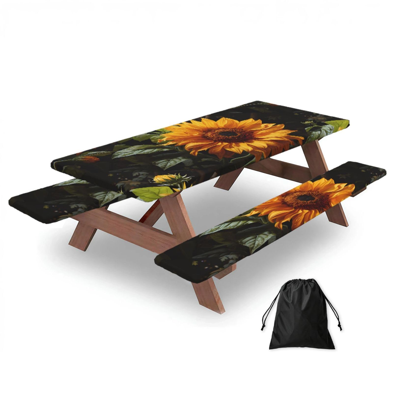 Erwqavc Black Yellow Sunflower On A Brown Background Print Picnic Table Cover & Bench Covers 3-Pack Set, Elastic Tablecloths For 6 Ft Rectangle Tables