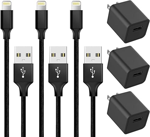GEONAV - Cargador de iPhone de carga rápida, paquete de 3 adaptadores de carga rápida de pared USB con cable trenzado Lightning a USB, carga rápida