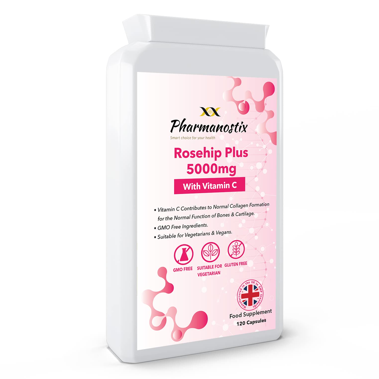 Rosehip Plus Supplement 5000mg- 120 Vegan Capsules - with Vitamin C to Support Bones and Cartilage - Up to 4 Months’ Supply - High Strength Rosehip for Joint Support & Health- UK Manufactured to GMP