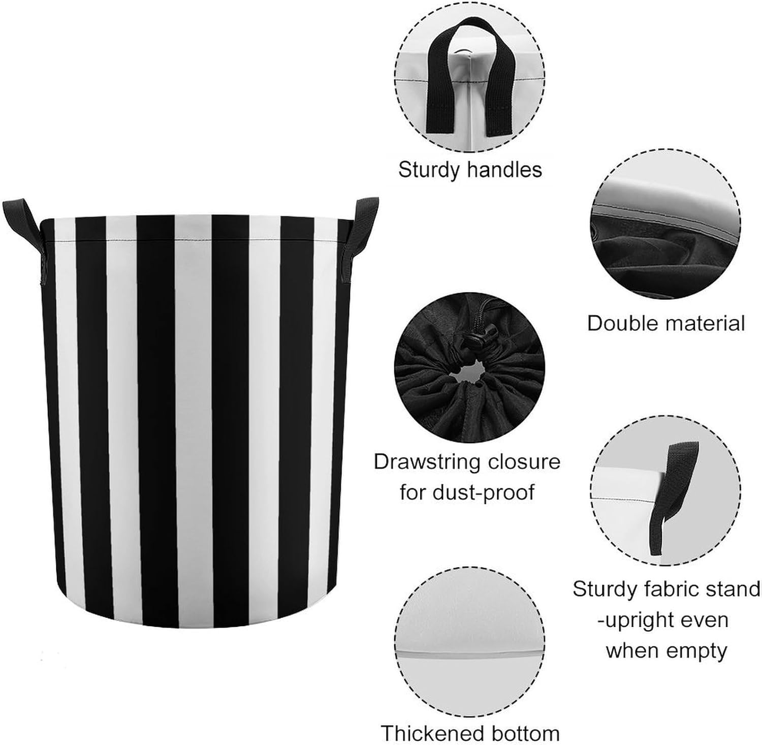 Black And White Cool Stripe Laundry Basket Dirty Clothes Hamper Storage Laundry Bag with Handles for Dorm Room 44x44cm