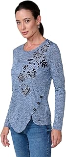 Koroshi Camiseta de Mujer Color Navy en Tejido flamé Melange, con bajo asimétrico, Botones Decorativos y Bordado Brillante.