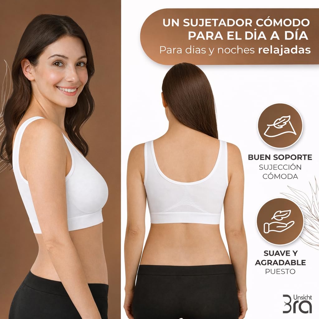 UnsichtBra Mujer Set de 3 Sujetadores | Bralette Sin Aros | Ultra Cómodo e Invisible | Antisudor | Sin Costuras | Elástico y Transpirable | Negro, Blanco, Beige | Lencería de Algodón