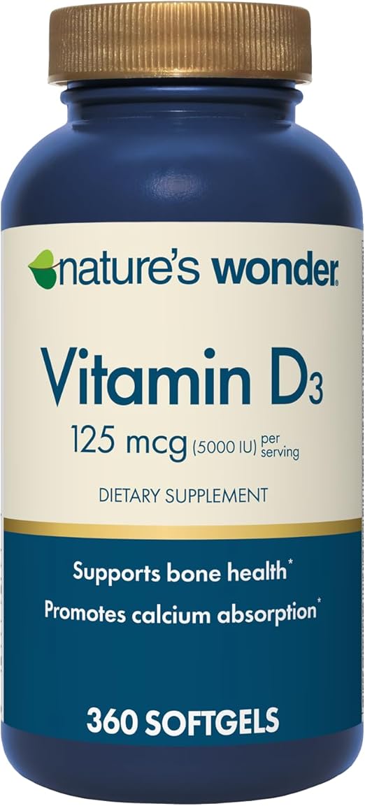 Nature's Wonder Vitamin D3 5000iu (125mcg) High Potency, Dietary Supplement to Support Bone Health and Immune System, Gluten Free, 360 Softgels, 1 Year Supply