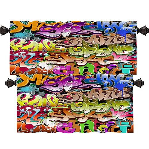 Shrahala Cenefas de cocina coloridas de grafiti, cortina de media ventana, tratamiento de ventana de poliéster multicapa para sala de estar, baño, paquete de 2 unidades de 52 x 16 pulgadas