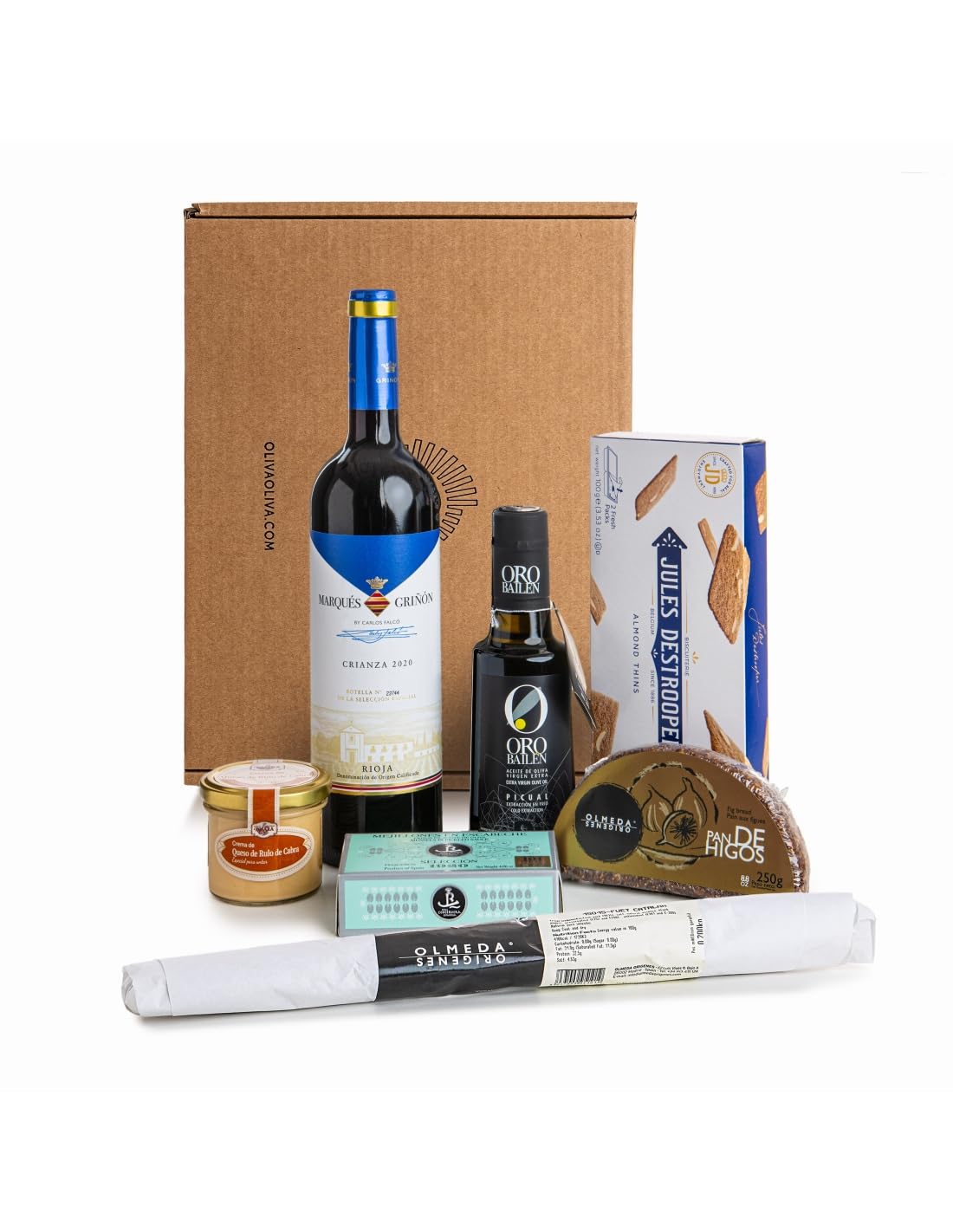 Cesta Gourmet Regalo OLIVA SUPER - aceite de oliva virgen extra Oro Bailen, Vino tinto D.O. Rioja Marqués de Griñón, Fuet de Vic, Mejillones fritos en escabeche, Crema de queso de rulo, Pan de higo..