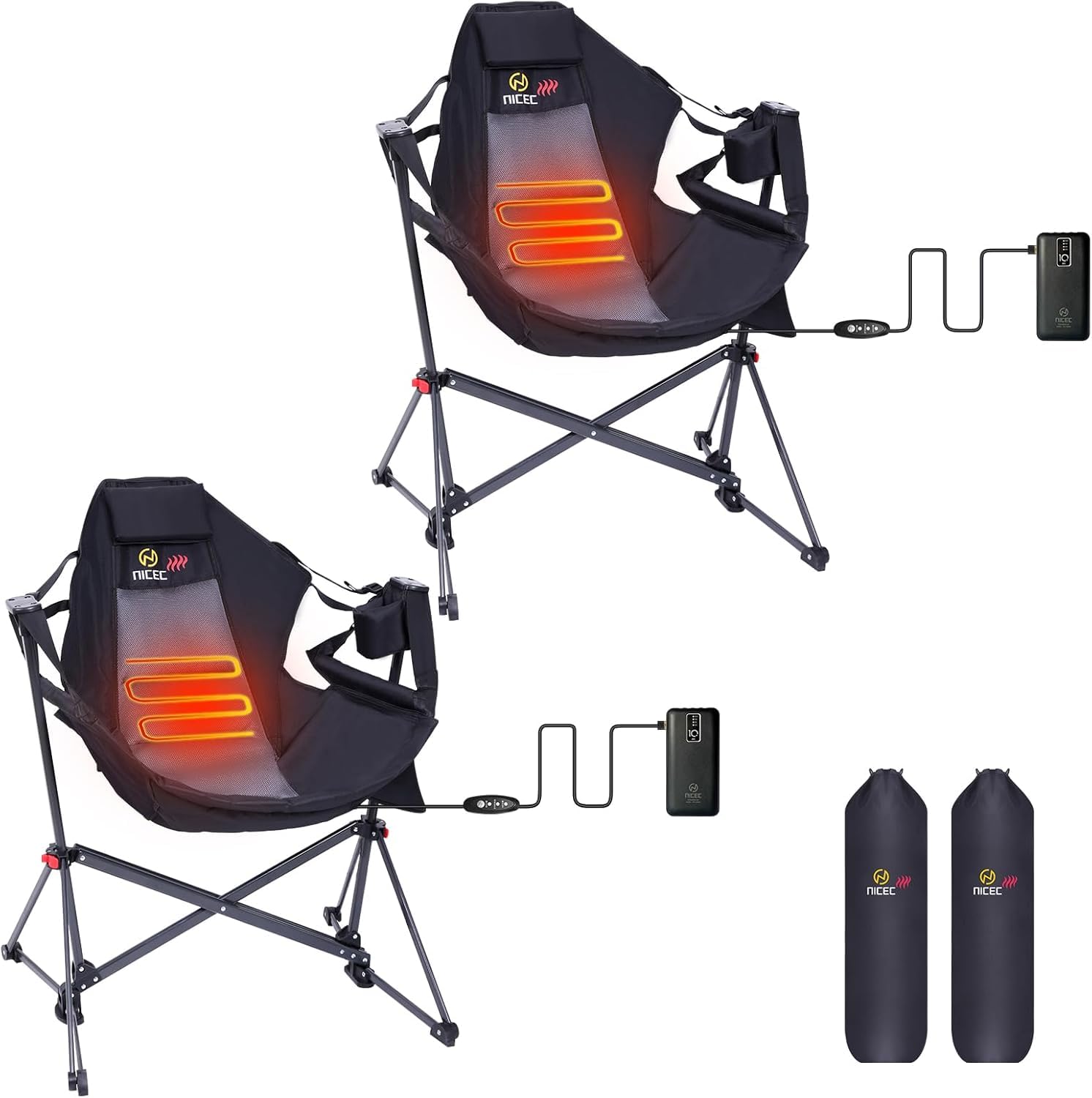 Nice C Heated Hammock Camping Chair, Swing Chair, Folding Rocking Chair, Camping Chair, High Back with Stand, Cup Holder, Side Pocket, Heavy Duty