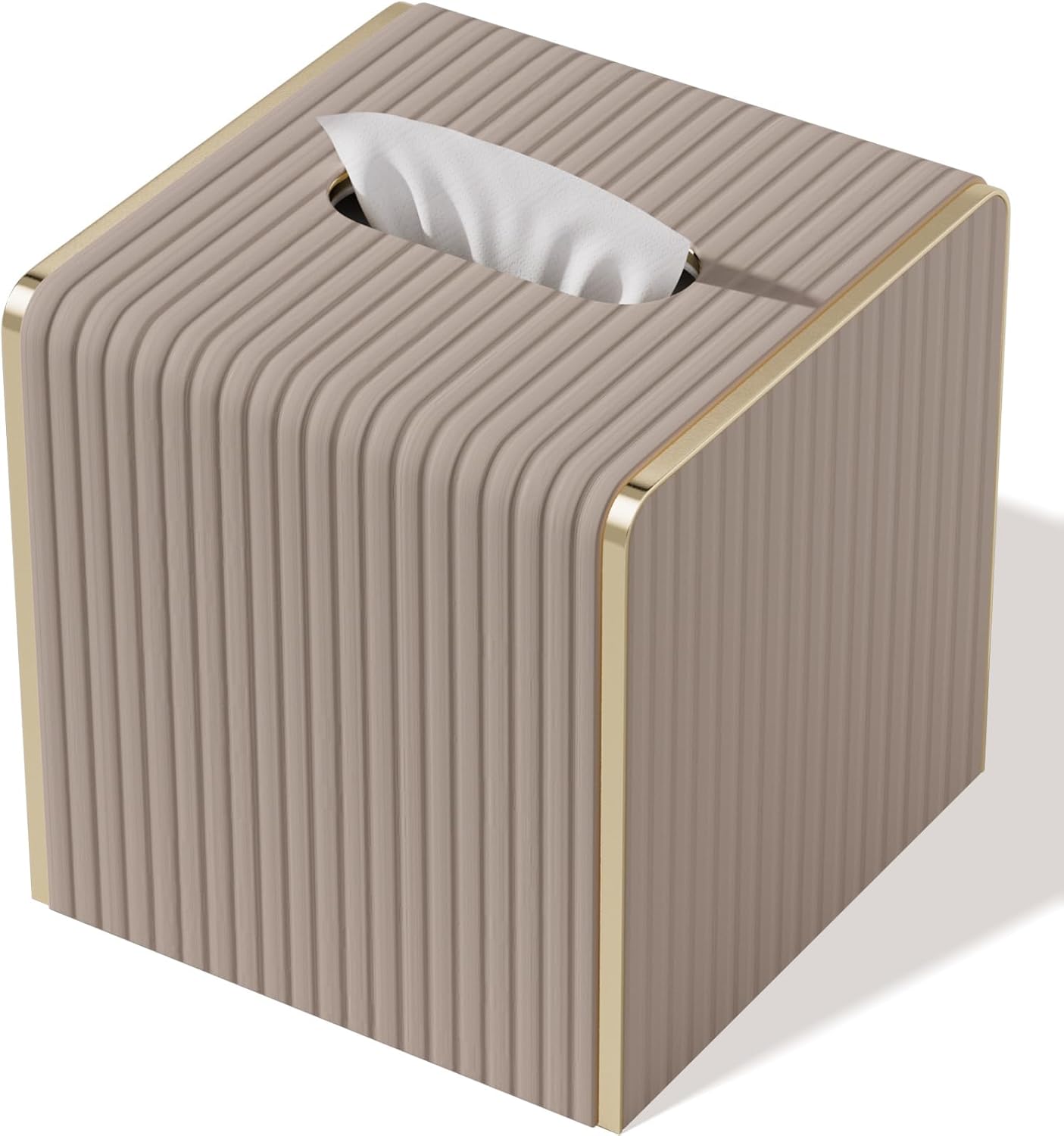 Tissue Box Cover,Beige Cube Leather Tissue Box Holders with Gold-Tone Edging Accents,Decorative Tissue Covers for Bathroom Toilet Bedroom Living Room Table Desk Office Car,Decor Aesthetic