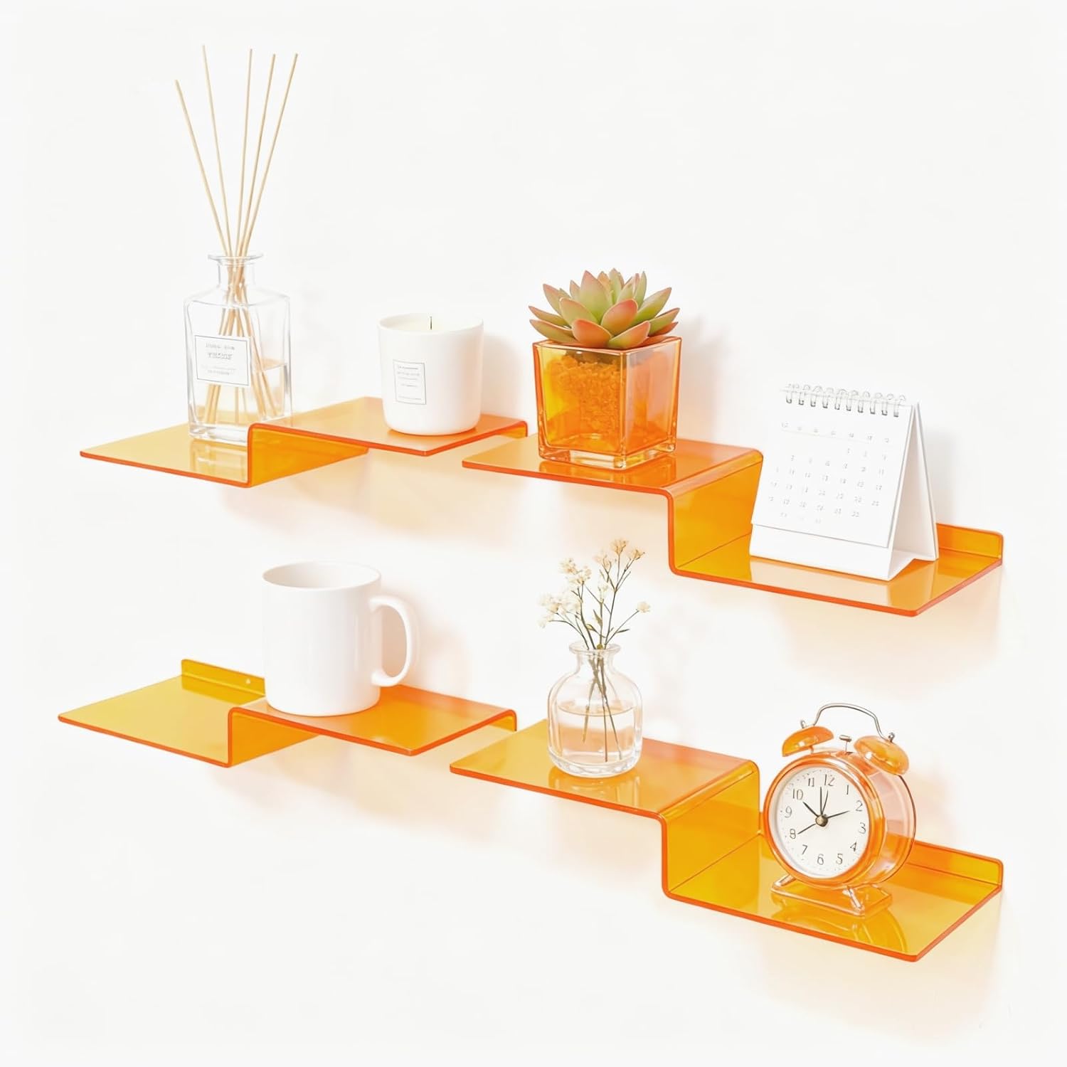SetGame 2-Pack Acrylic Shelves Z-Shaped Display Stand Wall Mounted, 12 Inch Wall Storage Organizer for Toys, Books, Plants, Photos Album, Suit for Office, Living Room, Room Decor (Orange)