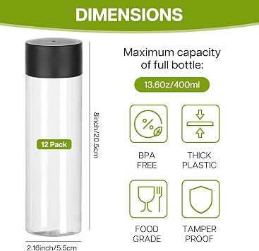 12PCS Clear PET Plastic Juice Bottles with Lids, 13.6 OZ (400ML) Reusable Juicing Bottles, Smoothie Drink Bottles Clear Drink Containers for Juicing, Smoothie and Other Beverages 