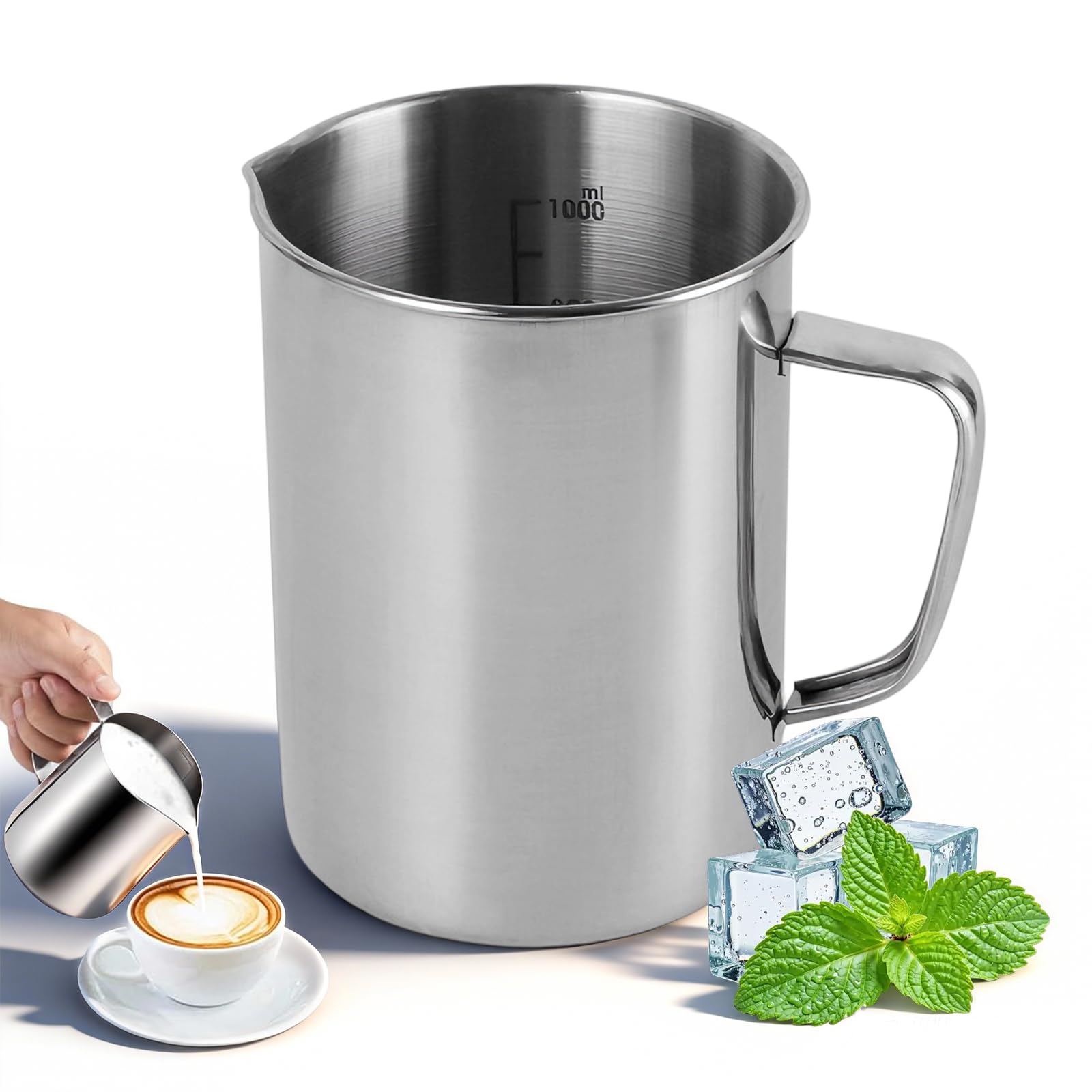 Stainless Steel Measuring Jug 1000ml, Milk Frothing Mixing Pitcher with Handle and Scale Metal Measure Cup for Candle Making Coffee Machine Kitchen Baking