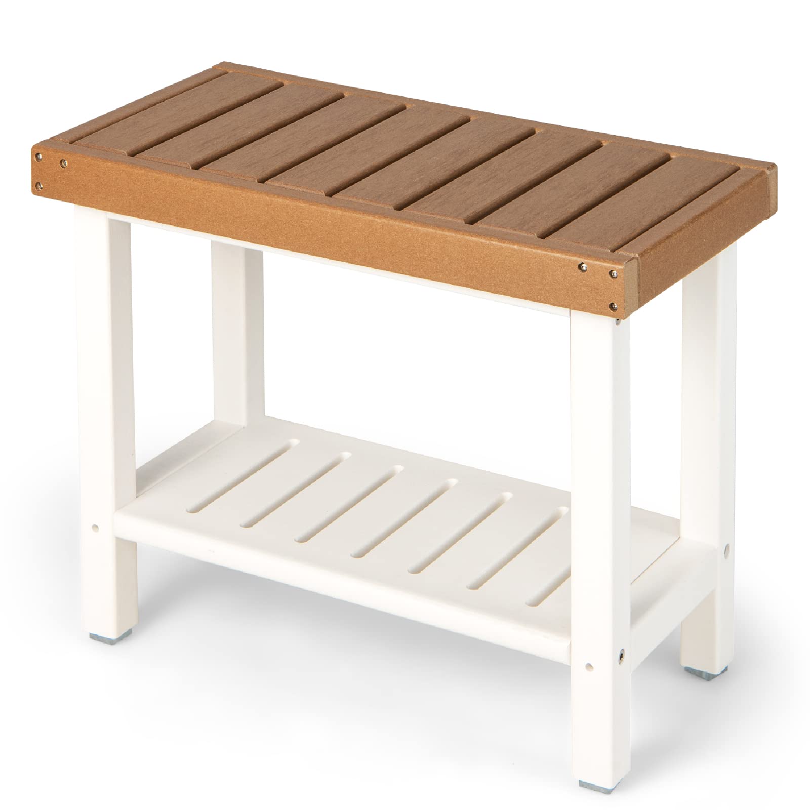 COSTWAY Shower Bench, HDPE Slatted Spa Bath Stool Shower Seat with Storage Shelf, Waterproof Non-Slip Bathroom Bathtub Chair for Elderly, Disabled and Adults, 61x31x49cm (Brown+White)