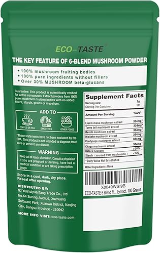 Miniatura 6 de ECO-TASTE 6 mezclas de hongos en polvo con 30% beta-D-glucano, melena de león, reishi, cordyceps, chaga, cola de pavo, maitake, extracto corporal