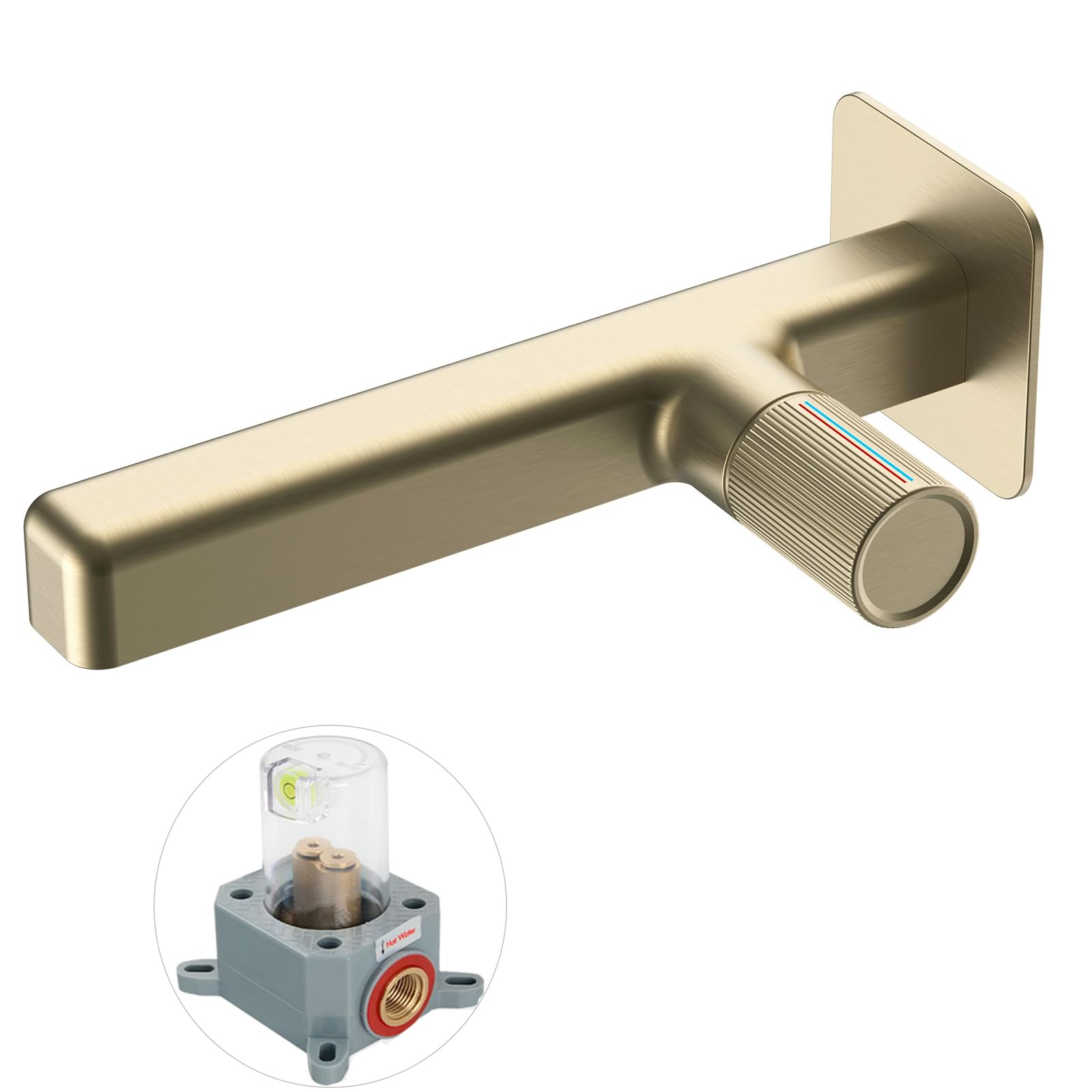 Grifo Lavabo Empotrado, Grifo de Pared Baño, Grifo Monomando Baño, Mezclador Agua Fría y Caliente, Dorado Cepillado, 8M4OK