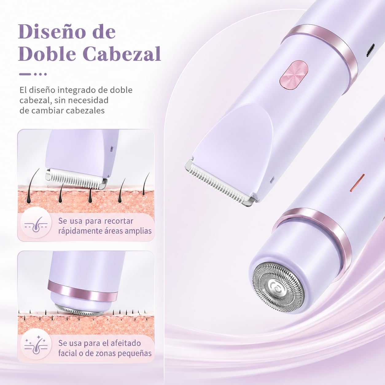 Razerly Dual Head Shaver Mujer Depiladora 2 Un 1 Inalambrica Mujer Uso Ducha Seco Y Humedo Piernas Axilas Rostro (Azul)