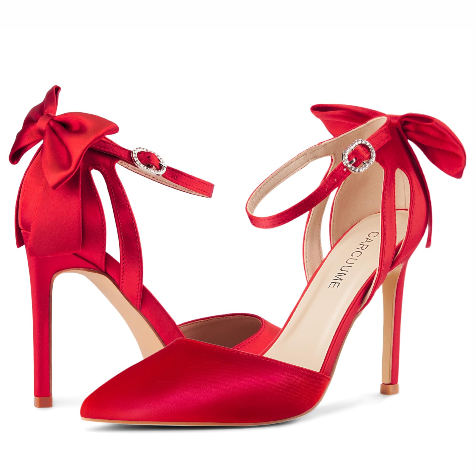 Carcuume Women's Closed Toe Heels Bow Stiletto Heel Sandals Pointed Toe Pumps Wedding Shoes: 11 Red Satin