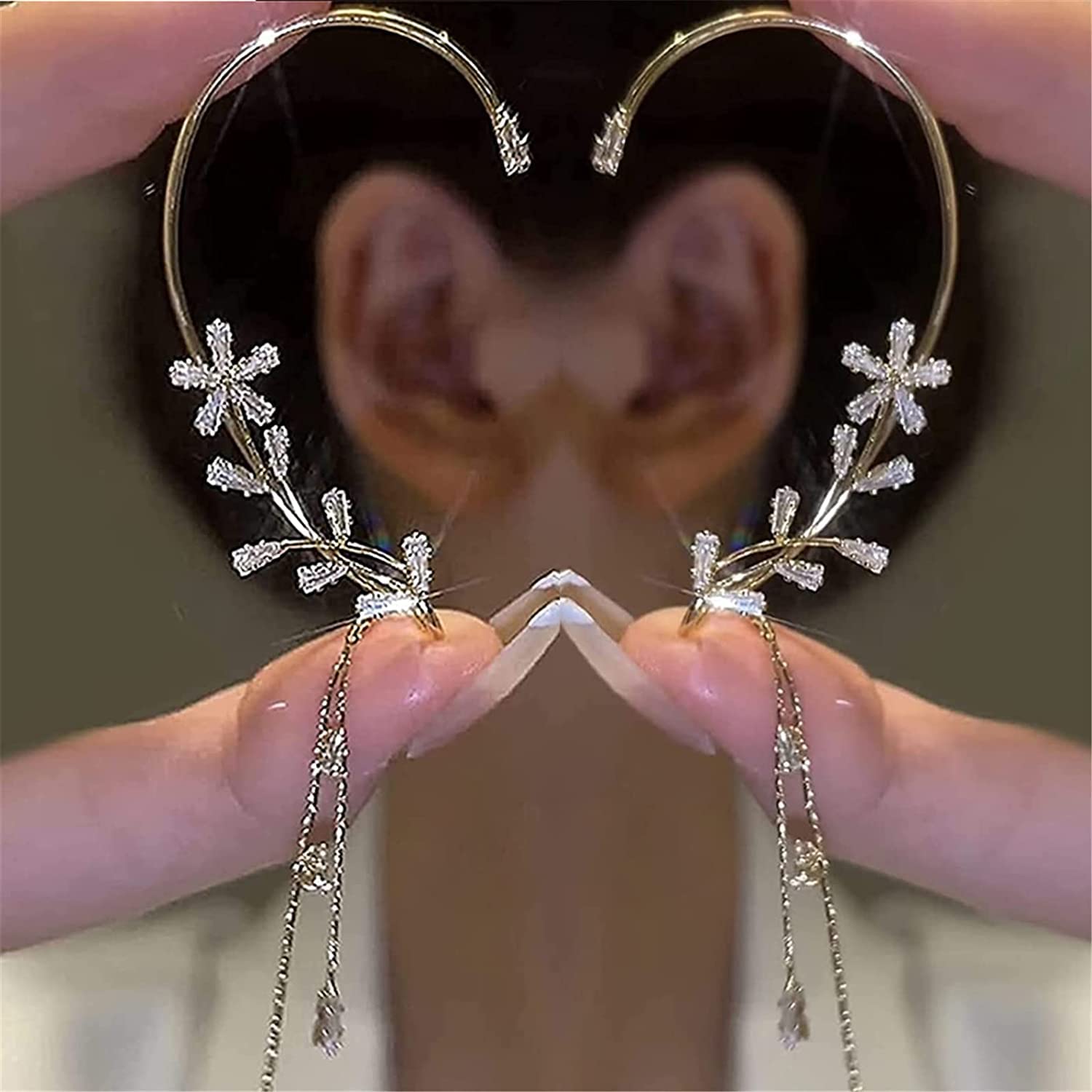 OVNMFH Butterfly Tassel Style Zircon Earrings, Non-Piercing Butterfly Flower Tassel Wrap Around Clip-On Earrings, Shiny Ear Cuff Butterfly Earrings for Women Girls