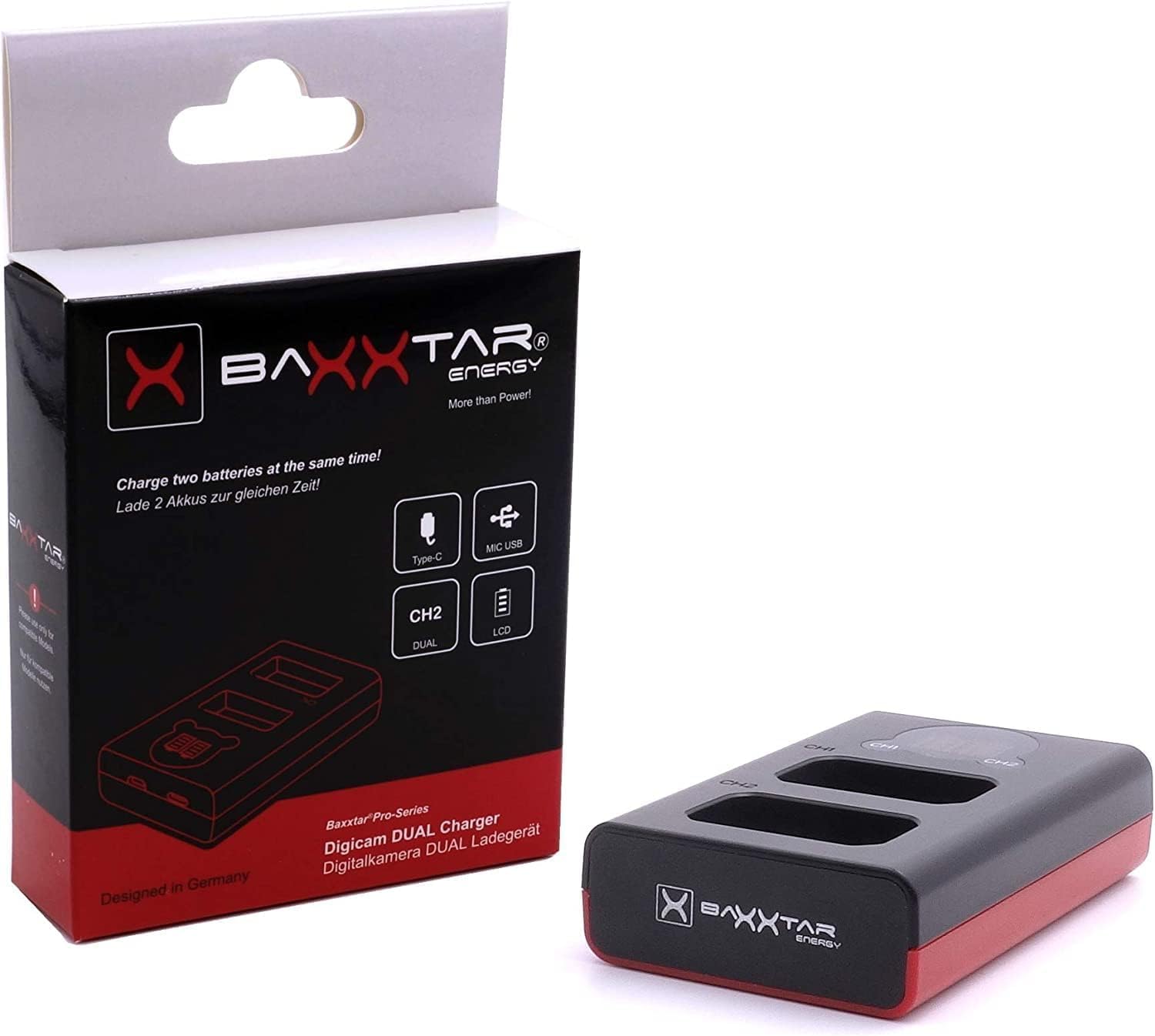 Baxxtar Mini Dual LCD Charger with its packaging box