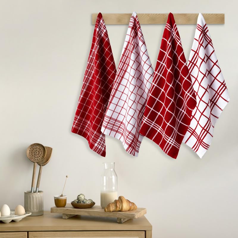Image of Encasa XO Kitchen Towels and Dish Cloths Sets | Red Combo Highly Absorbent Cotton Terry Towels | 70x45 cm | Multipurpose for Washing Dishes and Cleaning Pack of 12