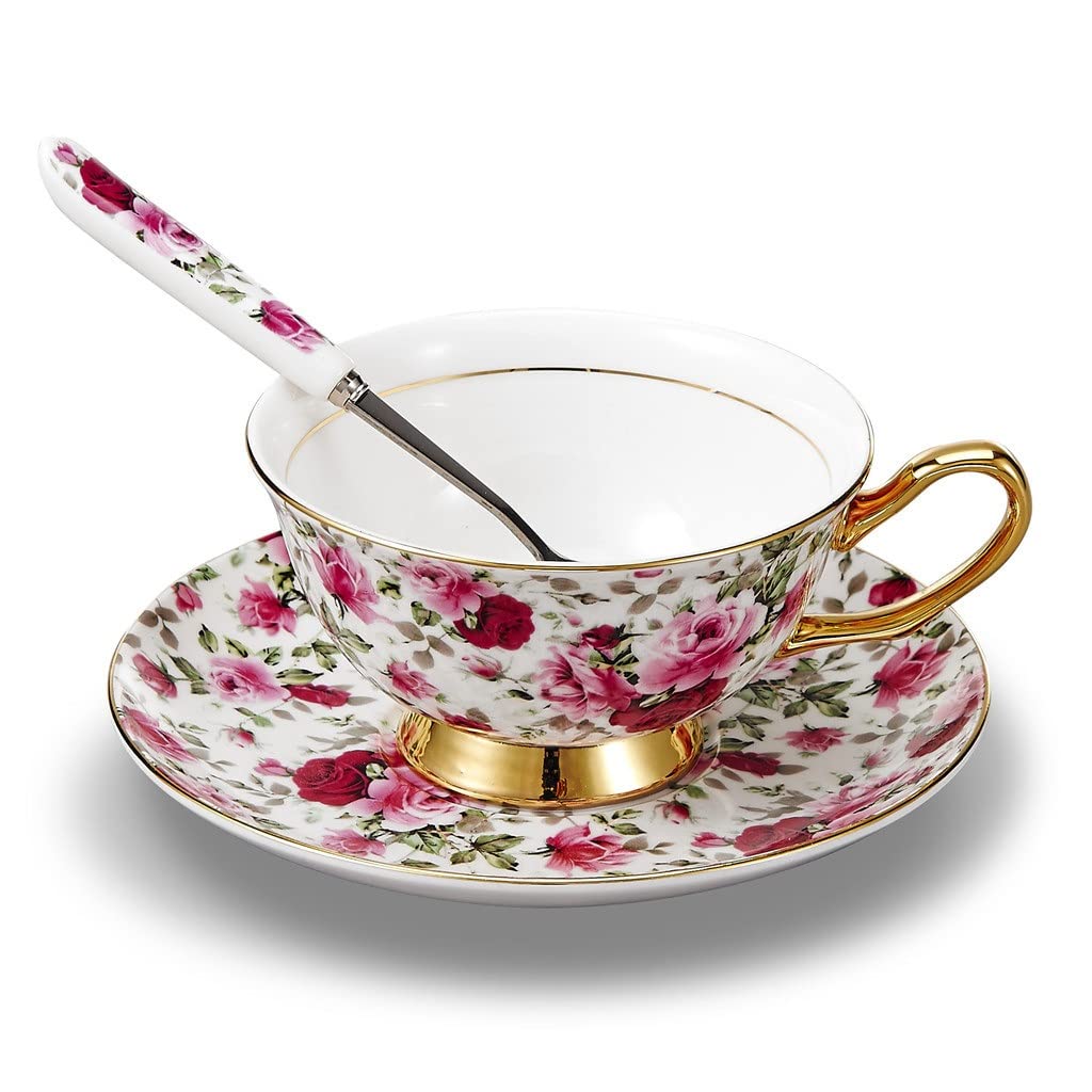 Kwiatowy wzór europejski styl porcelana kostna popołudniowa herbata kubek do kawy zestaw upominkowy z spodkiem i łyżką i podstawką żelazną