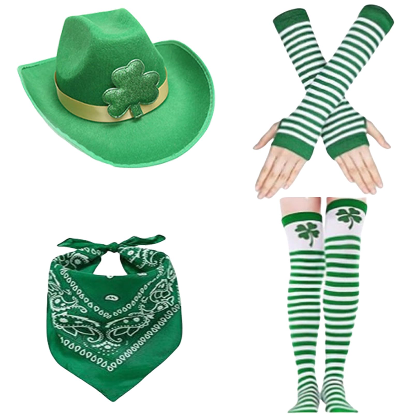 4Pieces Irish Festival Set Green Cowboy Hat Bandana Socks Gloves Outfit Set For StPatricks Day Celebration