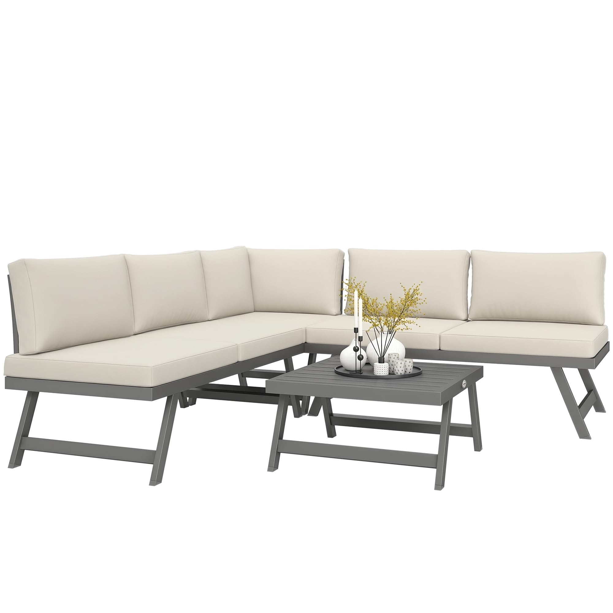 Outsunny Salon de Jardin Extérieur d'angle et Convertible 4 Pièces Beige | Mobilier de Jardin pour Terrasse Balcon, 2 Banquettes, 1 Fauteuil d'Angle, 1 Table Basse, Aluminium et Acier