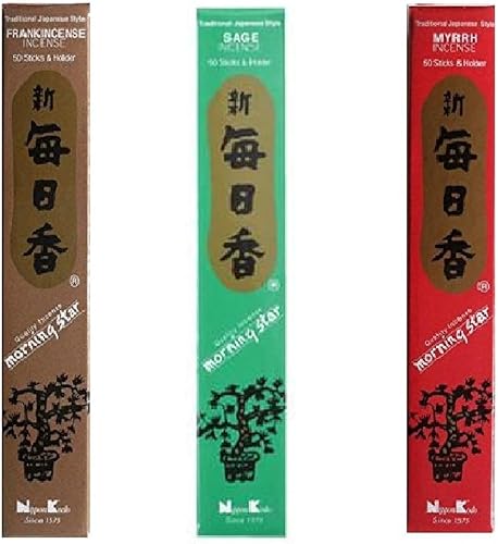 nippon kodo Morning Star - Paquete de 3 cajas de incienso de 50 varillas (incienso, salvia, mirra) – Varillas de incienso prémium de Japón, #98834,