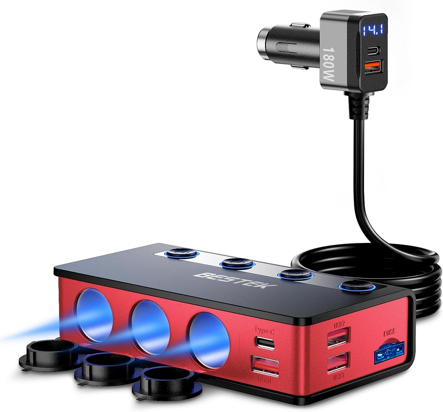 BESTEK 180W Cigarette Lighter Splitter, 3-Socket Car Cigarette Lighter with PD36W/65W and QC3.0 18W Ports, Cigarette Lighter Adapter, LED Voltage Display for Dash Cam, GPS, iPad/Laptop/Phone