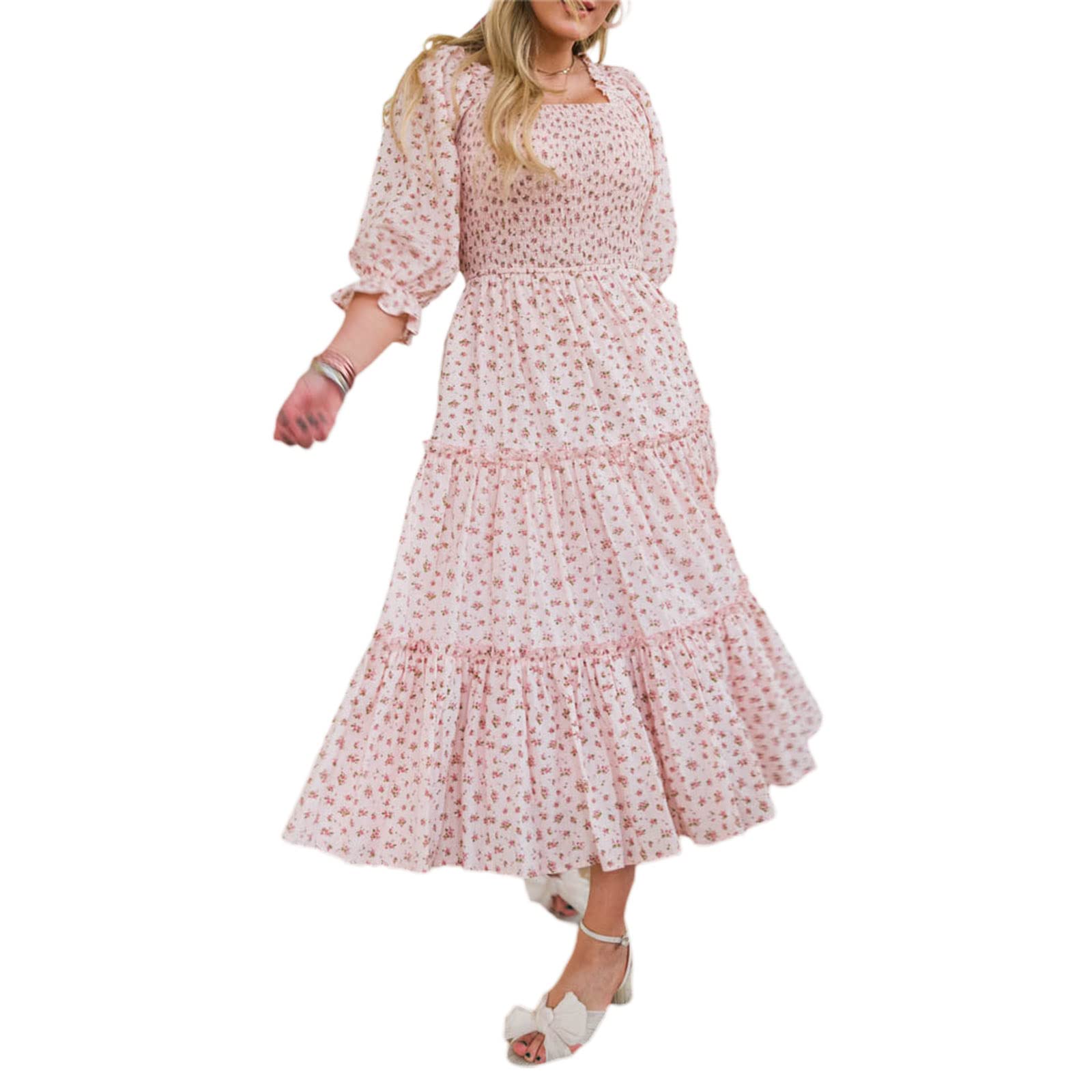 Mommy and Me Dress Matching Clothes Outfit Short Sleeve Romper Dress Floral Square Neck Maxi Dress for Mother and Daughter (Pink Mother, S)